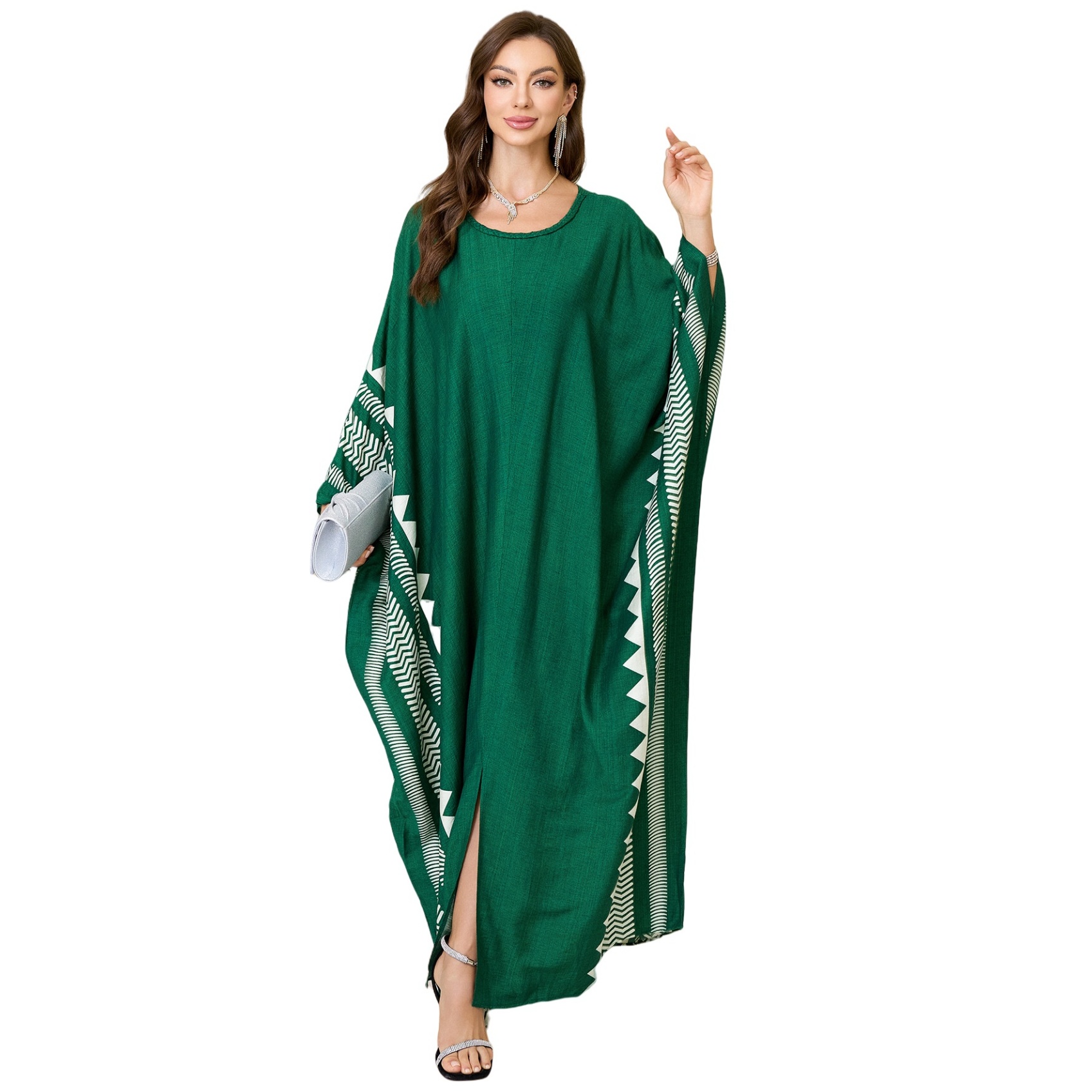 Geometric Pattern Kaftan Maxi Dress with Long Batwing Sleeves for Beach Cover Up